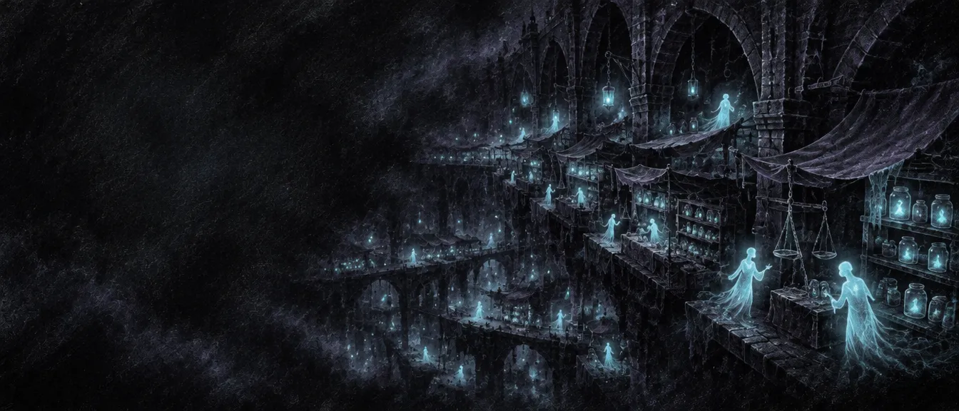 Hush Market: pasar tertutup yang tergantung terbalik, rak penuh toples berisi kenangan yang bercahaya, arwah berbisik di antara lapak